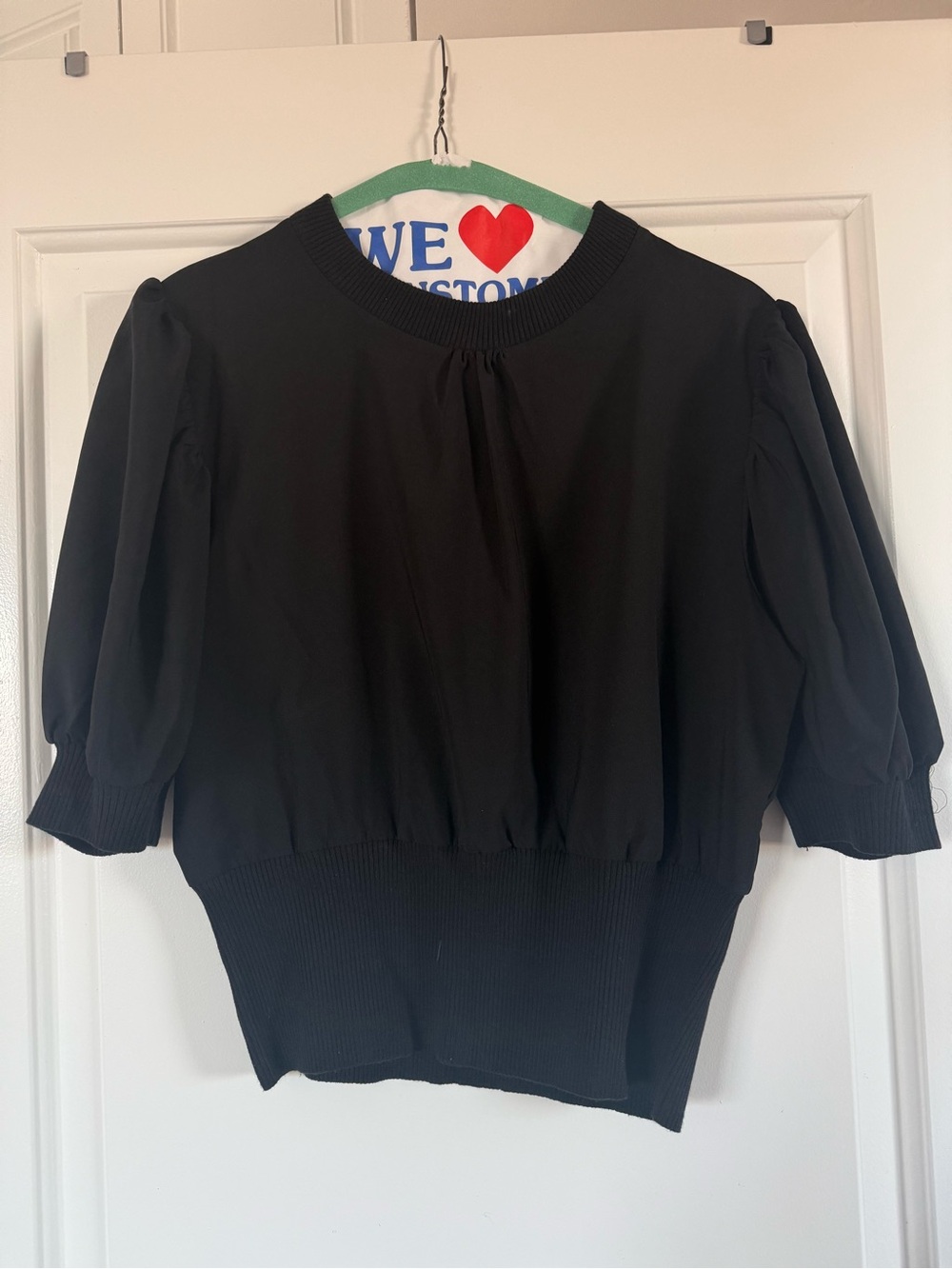 NWT: French Connection Black Puff-Sleeve Ribbed-Hem Top free shipping
